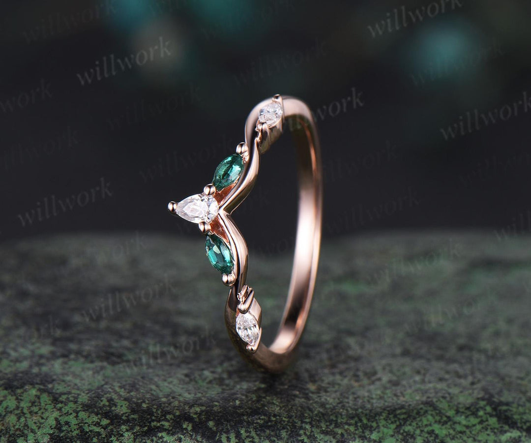 Curved twisted emerald diamond wedding band 14k rose gold art deco stacking wedding ring band women birthstone anniversary ring gift