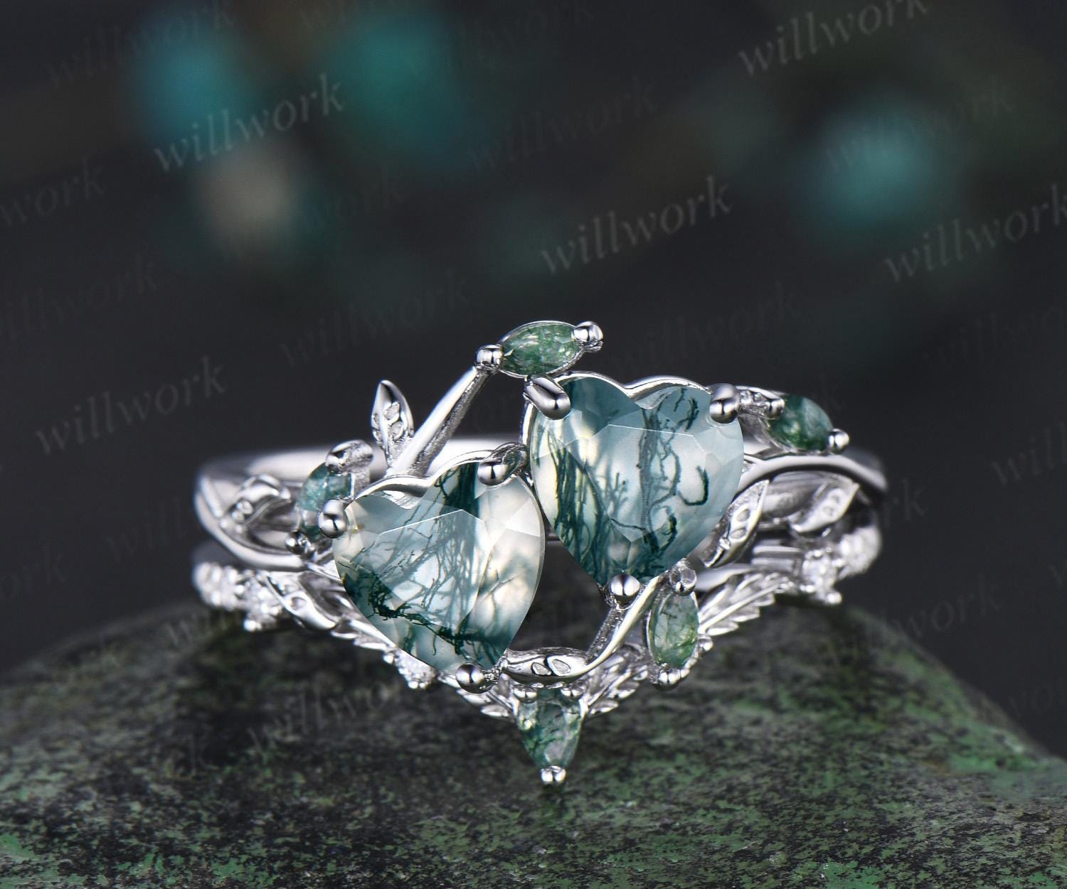 Double heart shaped moss agate engagement ring set Toi et Moi ring