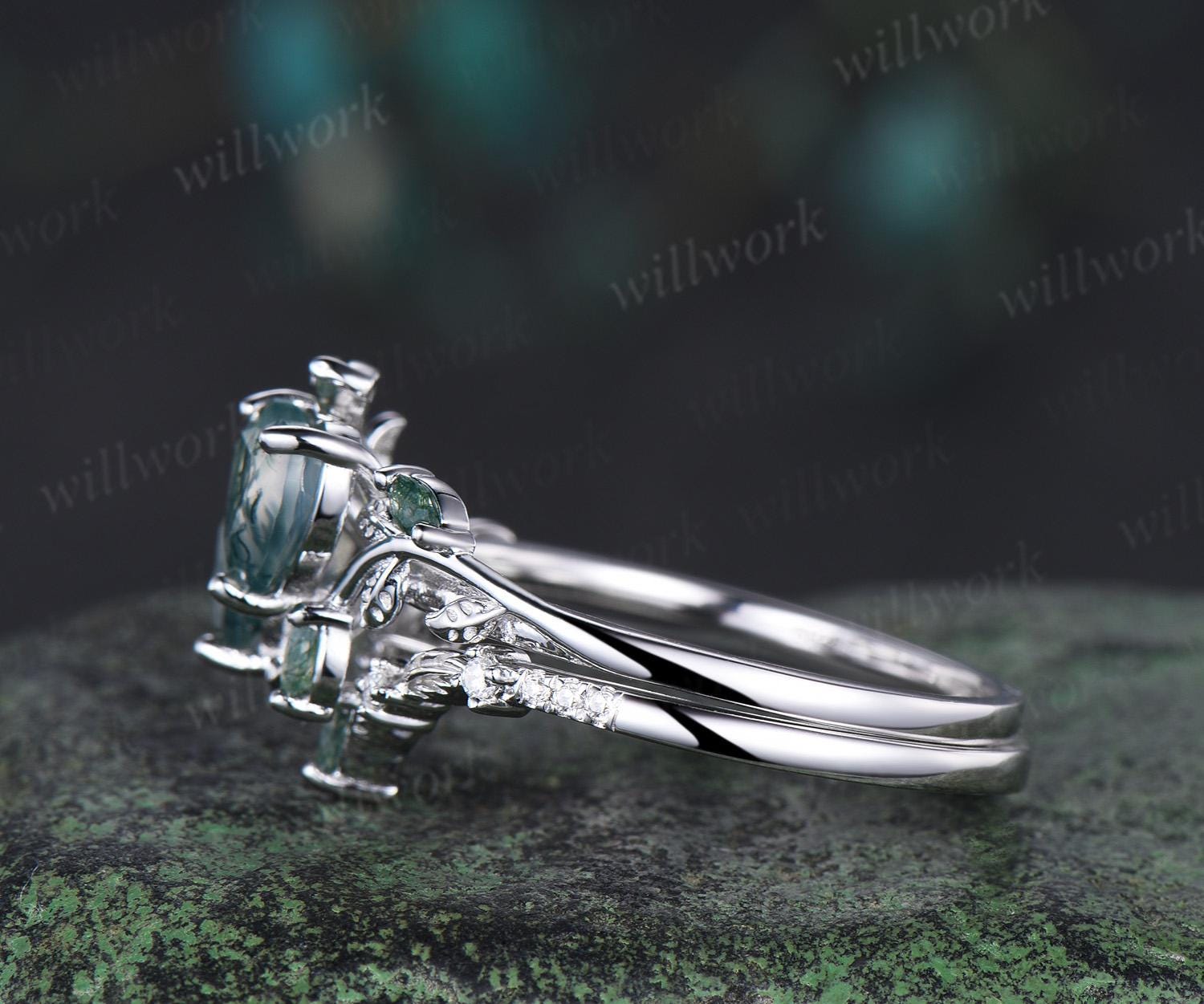 Double heart shaped moss agate engagement ring set Toi et Moi ring