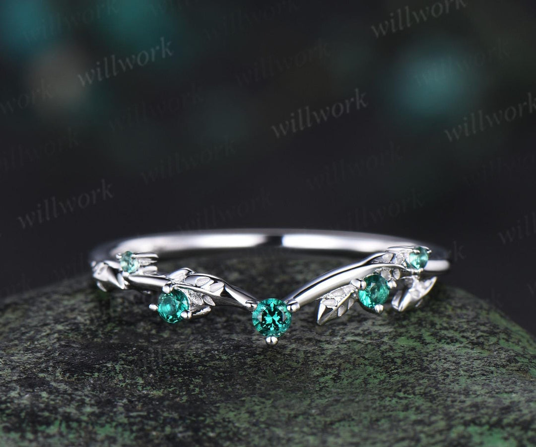 Curved emerald wedding band 14k white gold five stone leaf stacking wedding ring women