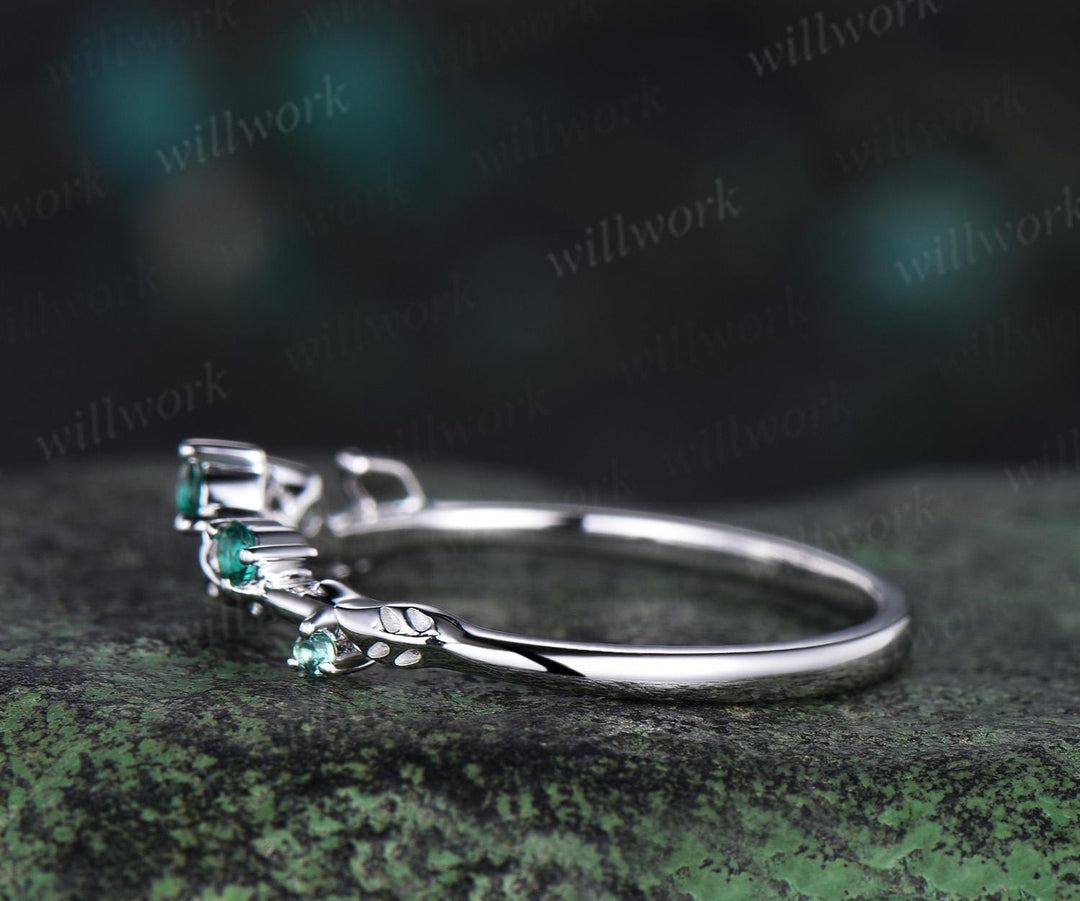 Curved emerald wedding band 14k white gold five stone leaf stacking wedding ring women