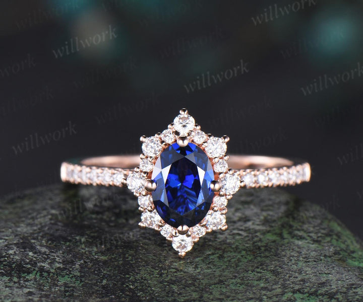 1ct oval cut sapphire engagement ring snowdrift halo diamond 14k rose gold ring women half eternity unique wedding promise ring