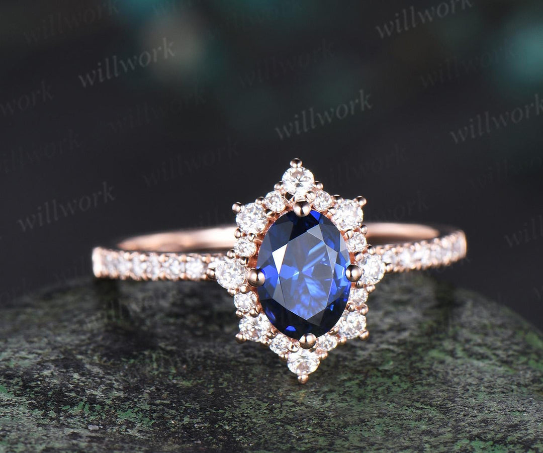 1ct oval cut sapphire engagement ring snowdrift halo diamond 14k rose gold ring women half eternity unique wedding promise ring