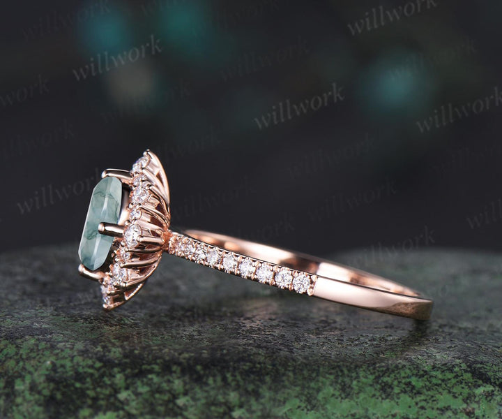 1ct oval cut moss agate engagement ring snowdrift halo diamond 14k rose gold ring women half eternity unique wedding promise ring