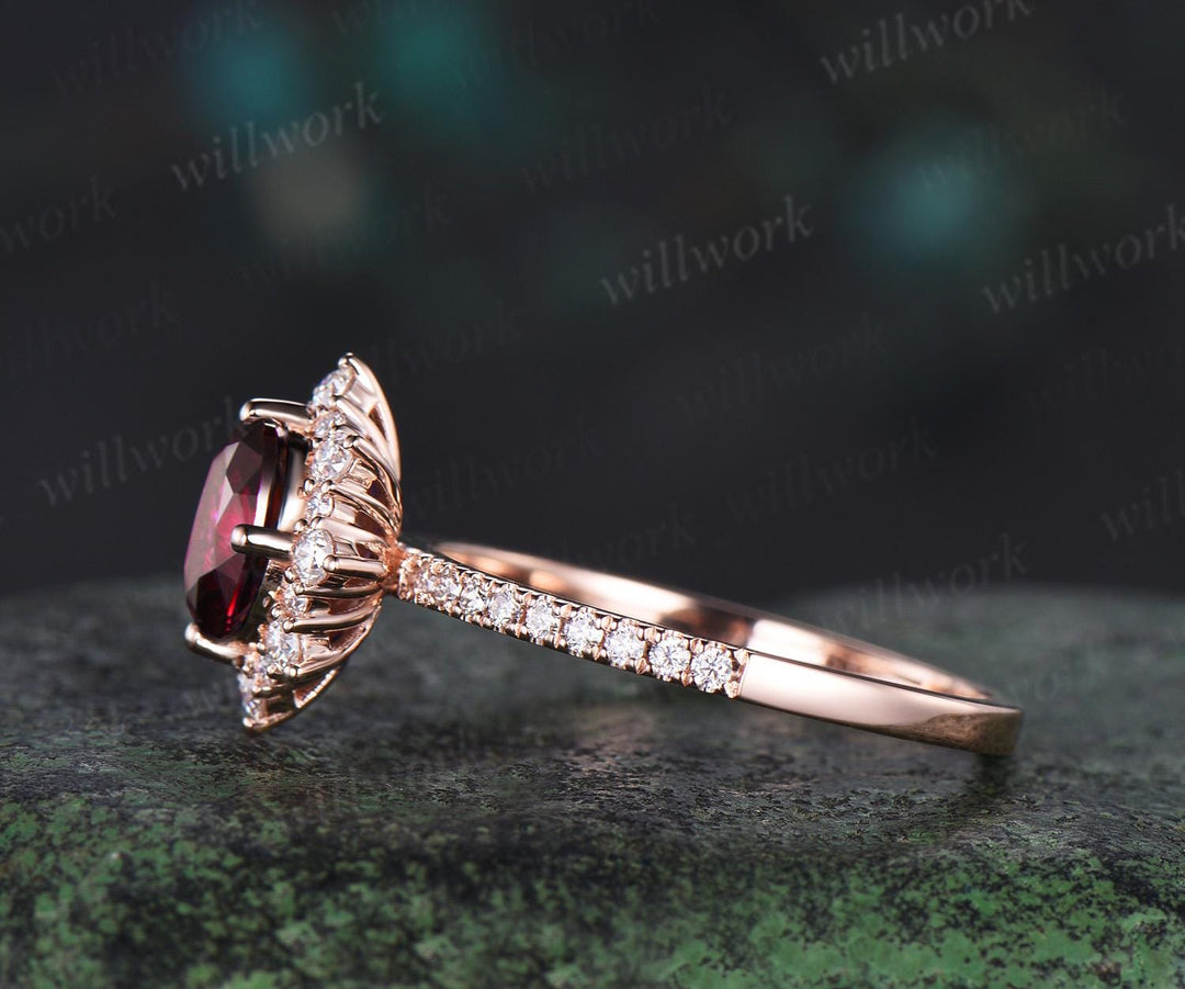 1ct oval cut red ruby engagement ring snowdrift halo diamond 14k rose gold ring women half eternity unique anniversary ring gift