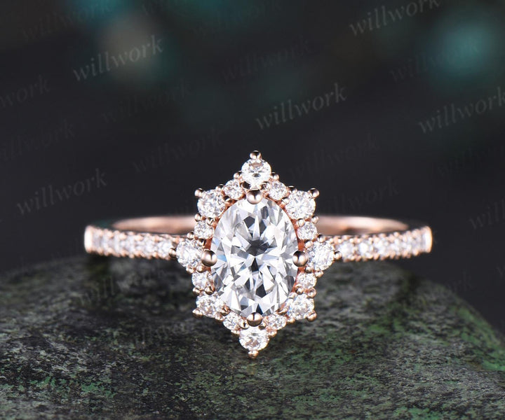 1ct oval cut moissanite ring vintage snowdrift halo engagement ring women rose gold half eternity diamond promise ring her antique jewelry