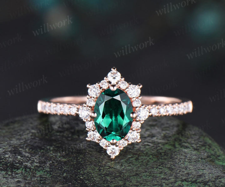 1ct oval cut green emerald ring vintage snowdrift halo engagement ring women 14k rose gold half eternity diamond promise ring her jewelry