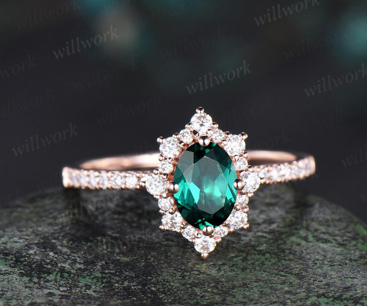 1ct oval cut green emerald ring vintage snowdrift halo engagement ring women 14k rose gold half eternity diamond promise ring her jewelry