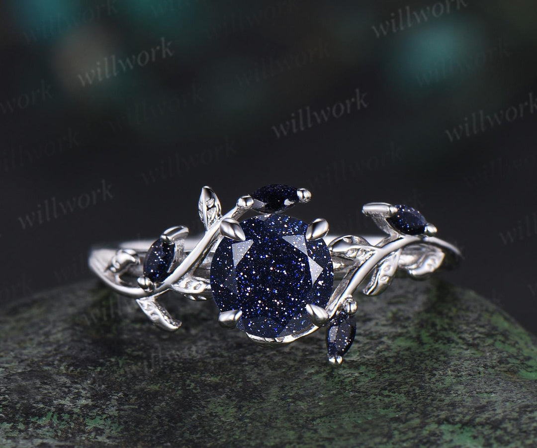 Round cut blue sandstone ring vintage 14k white gold nature inspired leaf blue goldstone engagement ring set women opal anniversary gift