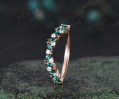 Curved marquise emerald wedding band 14k rose gold cluster moissanite wedding ring band stacking ring women  Multi-Stone Rings gift
