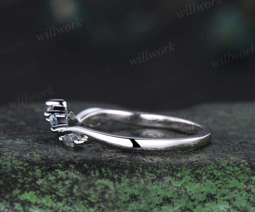 Curved alexandrite diamond wedding band women solid 14k white matching stacking five stone anniversary gift