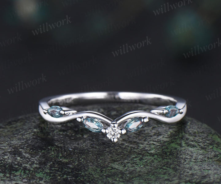 Curved alexandrite diamond wedding band women solid 14k white matching stacking five stone anniversary gift