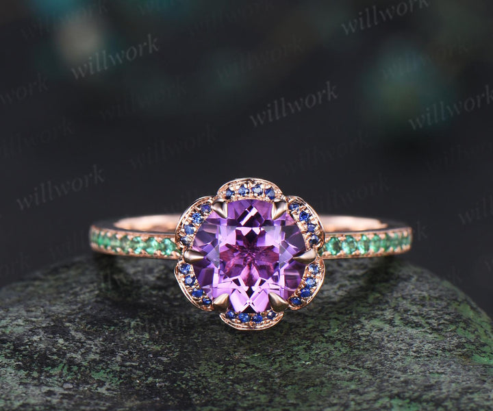 Floral round cut amethyst engagement ring hidden halo natural sapphire ring vintage half eternity emerald wedding promise ring women jewelry