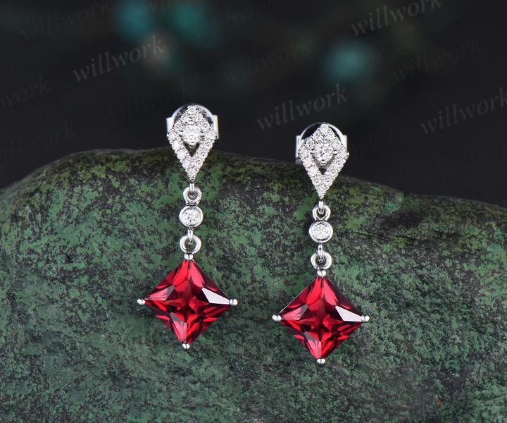 1ct princess cut red ruby earrings women 14k white gold bezel kite halo diamond drop earrings antique anniversary gift for her