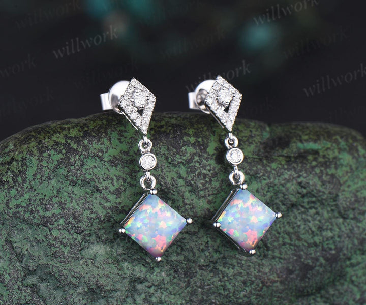 Square opal earrings vintage kite shaped halo diamond white gold drop earrings unique anniversary gift women October birthstone