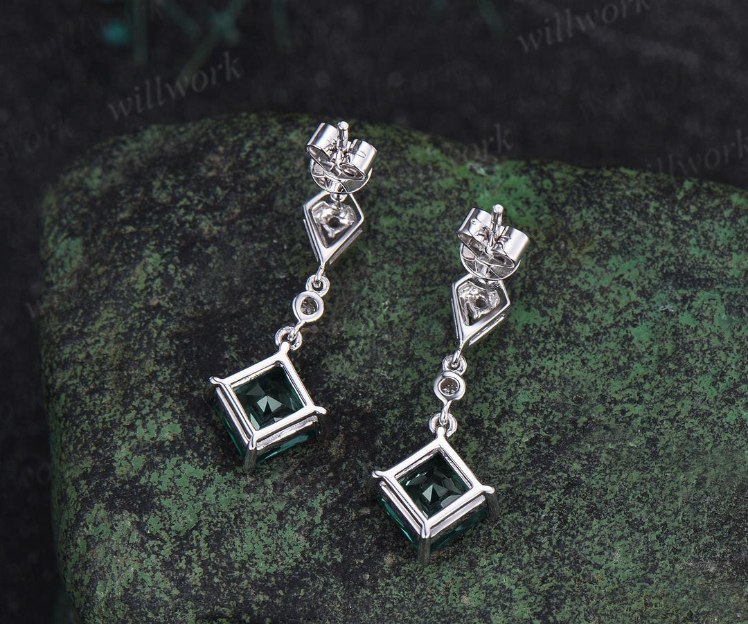 1ct princess cut green emerald earrings women 14k white gold bezel kite halo diamond drop earrings May birthstone anniversary gift for her