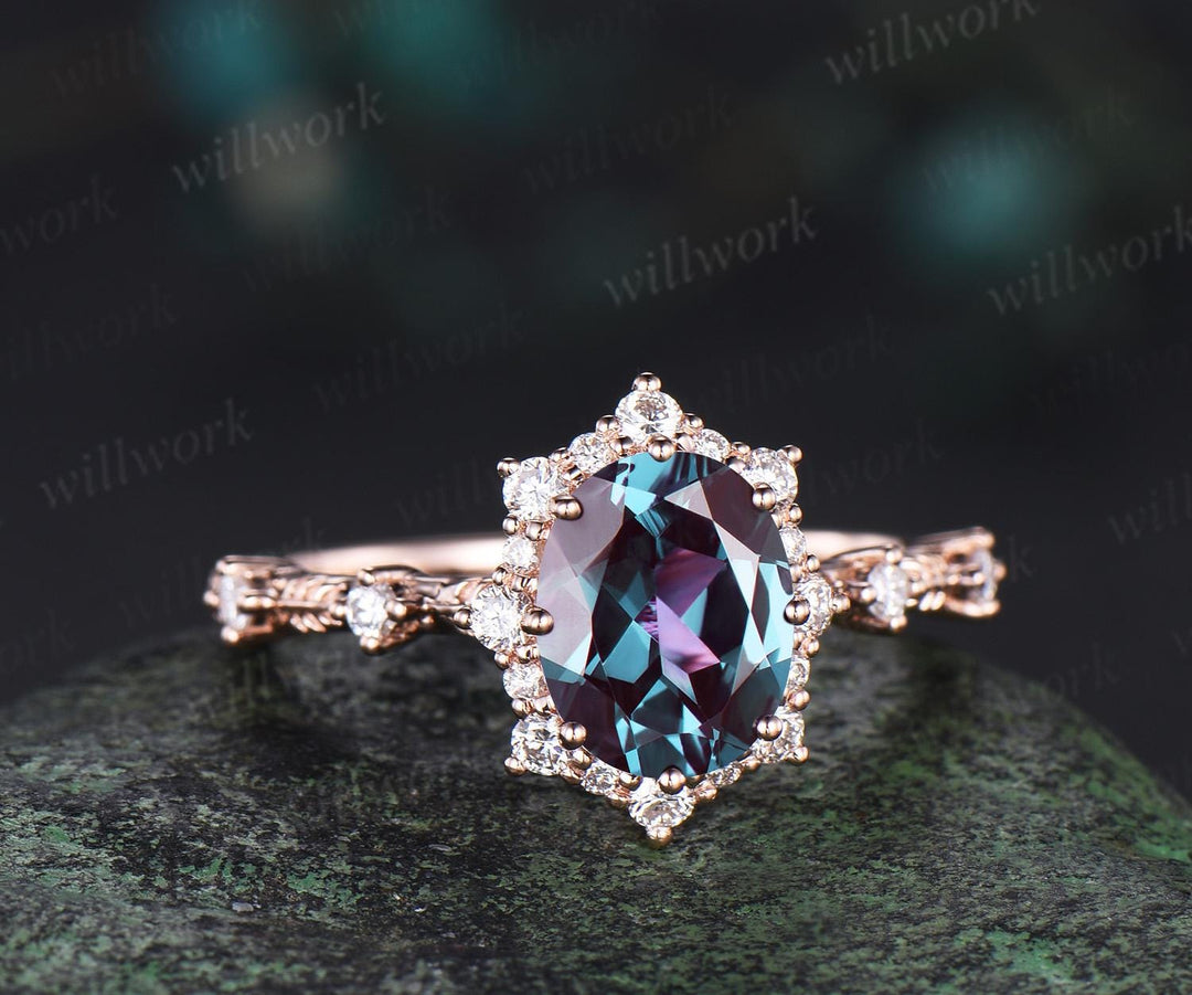 Oval cut Alexandrite snowdrift halo engagement ring leaf half eternity diamond promise ring 14k rose gold unique wedding ring women