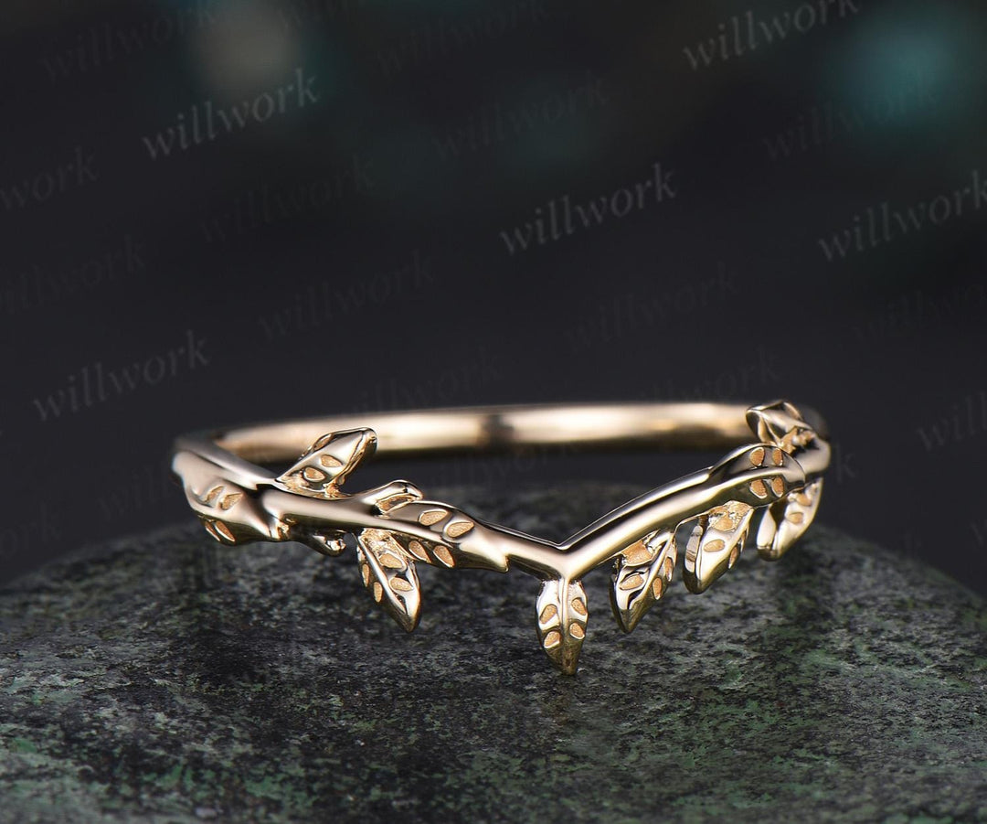 Curved Solitaire leaf wedding band solid 14k yellow gold nature inspired matching stacking wedding ring band women