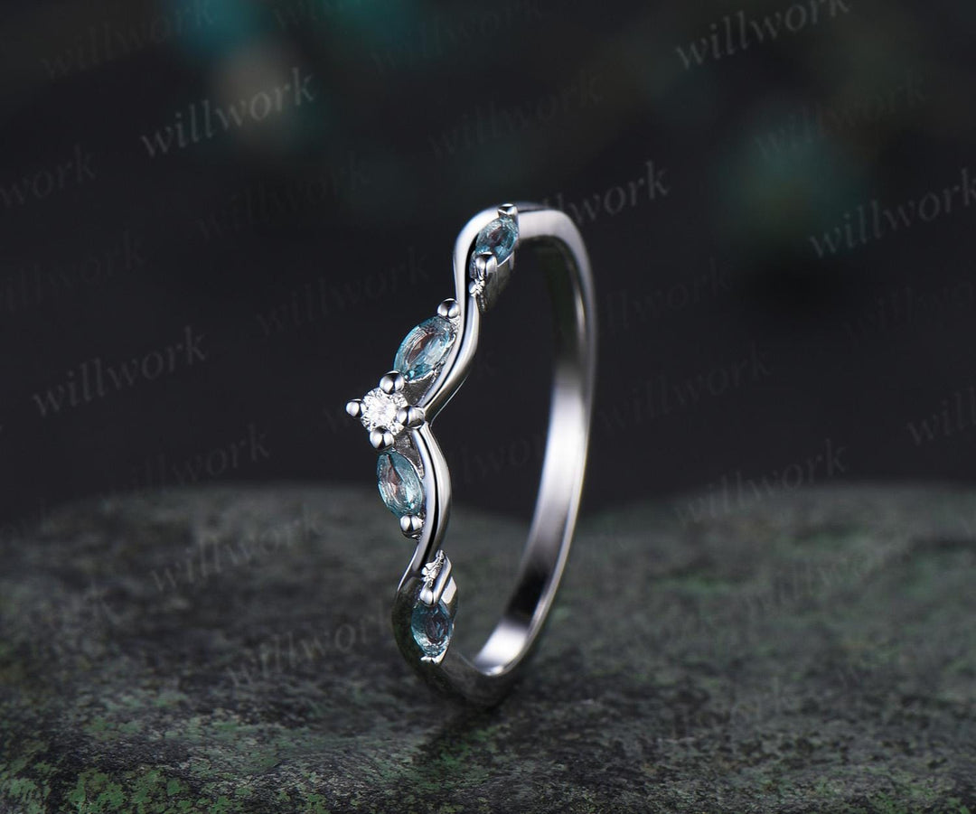 Curved alexandrite diamond wedding band women solid 14k white matching stacking five stone anniversary gift