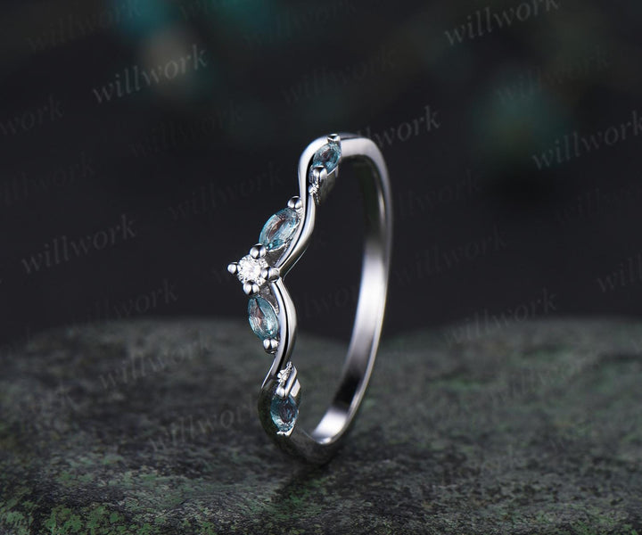 Curved alexandrite diamond wedding band women solid 14k white matching stacking five stone anniversary gift