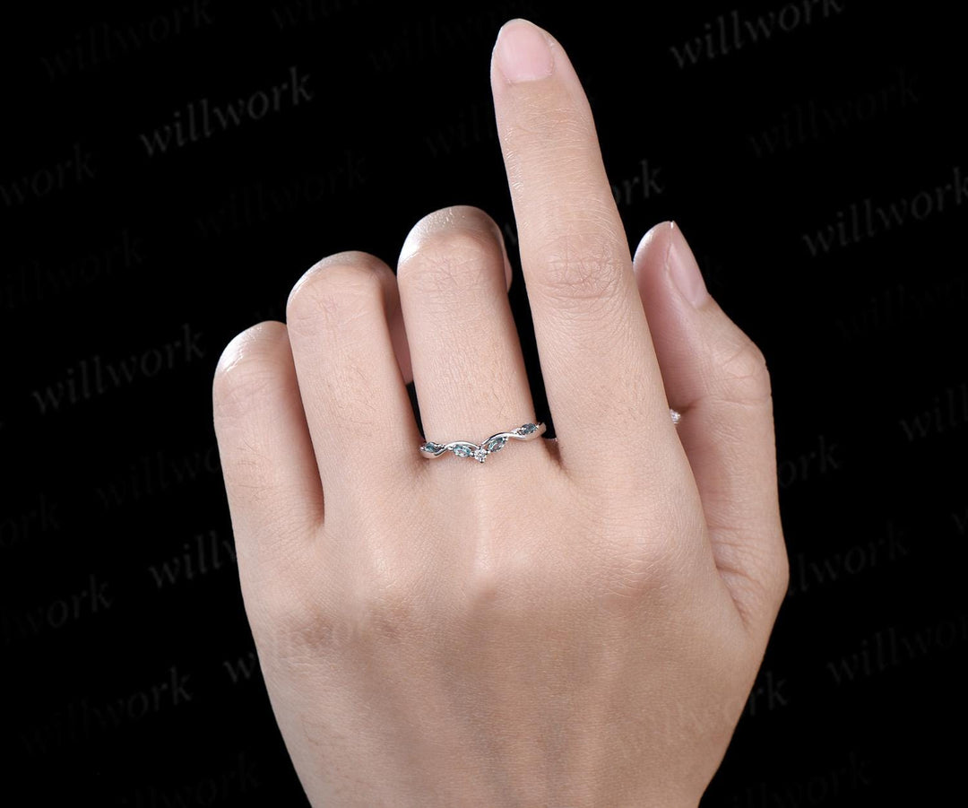 Curved alexandrite diamond wedding band women solid 14k white matching stacking five stone anniversary gift