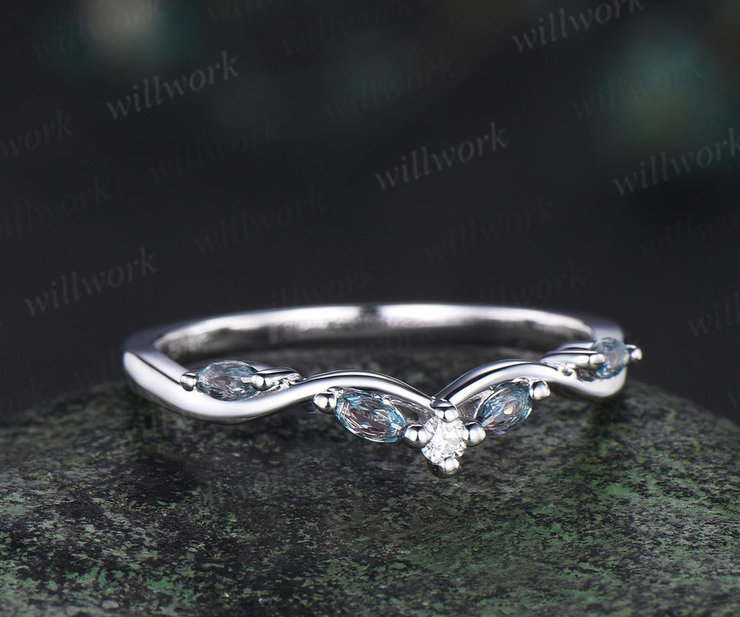 Curved alexandrite diamond wedding band women solid 14k white matching stacking five stone anniversary gift