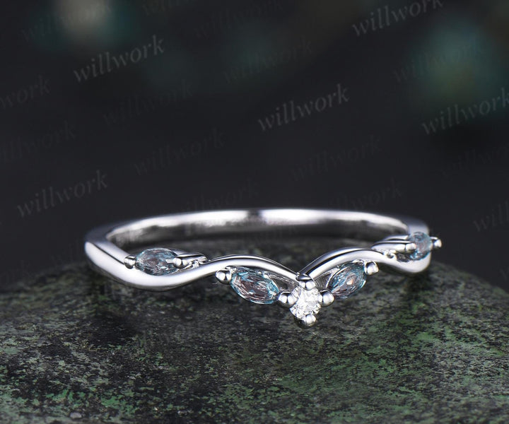 Curved alexandrite diamond wedding band women solid 14k white matching stacking five stone anniversary gift