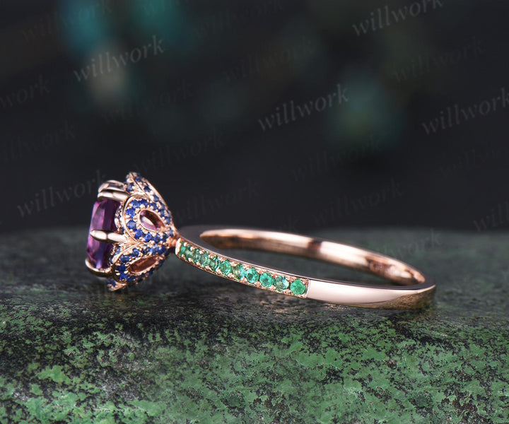 Floral round cut amethyst engagement ring hidden halo natural sapphire ring vintage half eternity emerald wedding promise ring women jewelry