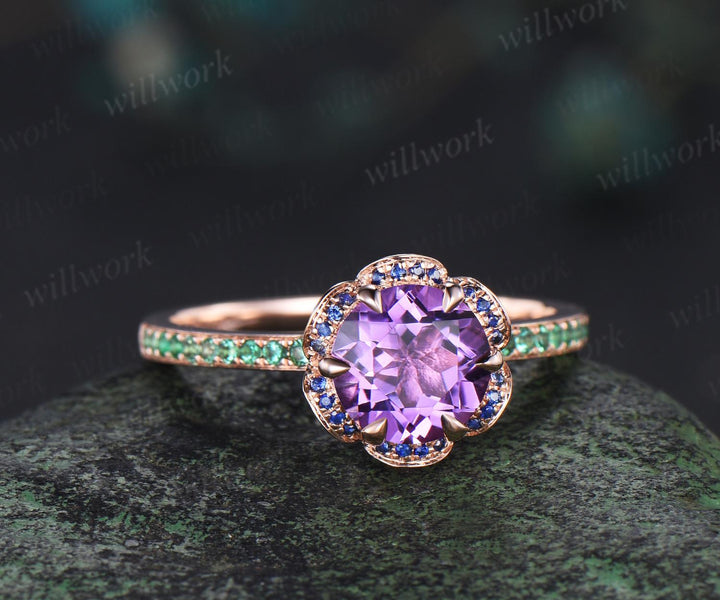 Floral round cut amethyst engagement ring hidden halo natural sapphire ring vintage half eternity emerald wedding promise ring women jewelry