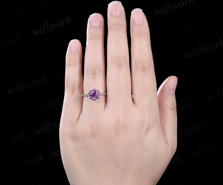 Floral round cut amethyst engagement ring hidden halo natural sapphire ring vintage half eternity emerald wedding promise ring women jewelry