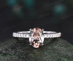 Oval cut morganite engagement ring white gold dainty half eternity diamond promise ring her