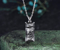 Baguette cut black rutilated quartz necklace solid 14k 18k white gold Solitaire Pendant women anniversary gift mother