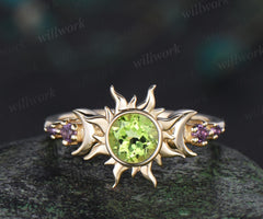 Round cut peridot sun bezel engagement ring solid 14k yellow gold five stone moon amethyst anniversary ring women crystal ring gift