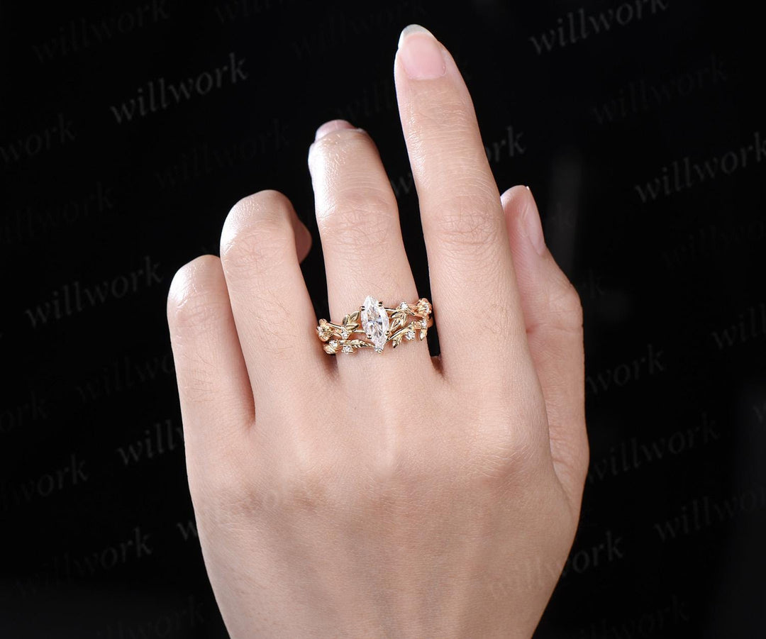 1ct marquise cut moissanite engagement ring set solid 14k yellow gold twig leaf stacking diamond wedding ring set women jewelry