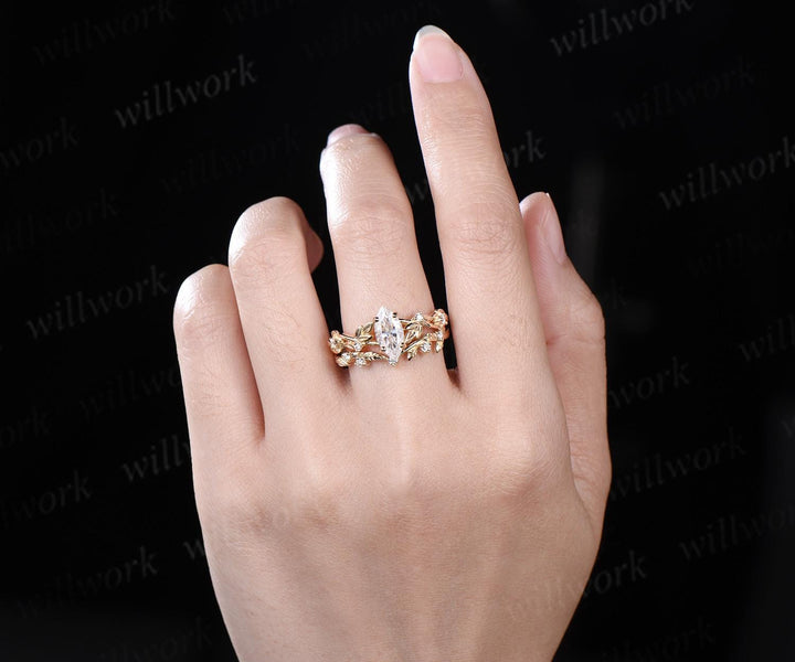 1ct marquise cut moissanite engagement ring set solid 14k yellow gold twig leaf stacking diamond wedding ring set women jewelry