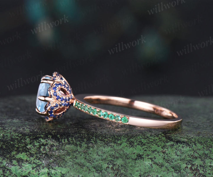 Floral round aquamarine engagement ring rose gold hidden halo natural sapphire emerald ring vintage half eternity promise ring women jewelry