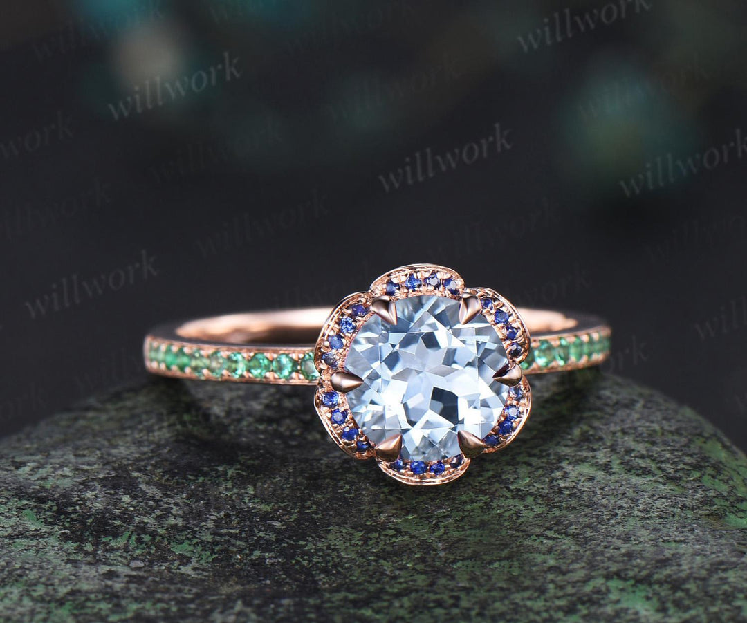 Floral round aquamarine engagement ring rose gold hidden halo natural sapphire emerald ring vintage half eternity promise ring women jewelry