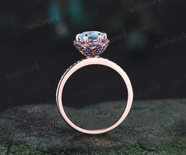 Floral round aquamarine engagement ring rose gold hidden halo natural sapphire emerald ring vintage half eternity promise ring women jewelry