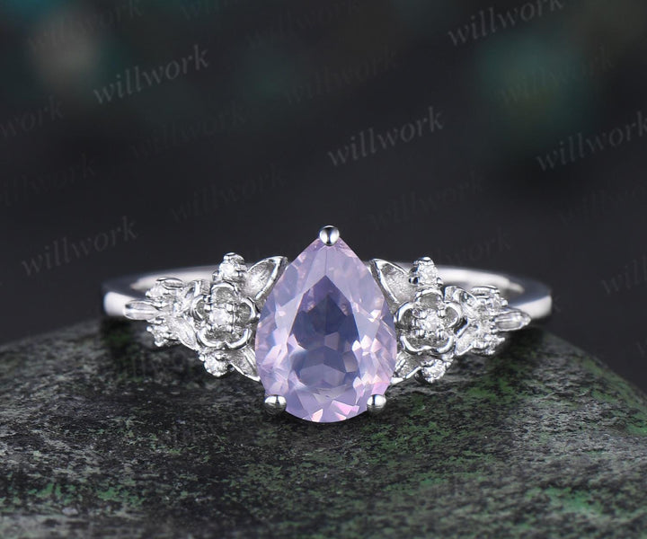 Pear shaped Lavender Amethyst leaf floral engagement ring set white gold nature inspired diamond ring vintage anniversary gift