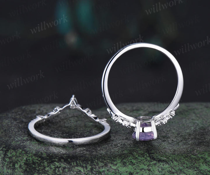 Pear shaped Lavender Amethyst leaf floral engagement ring set white gold nature inspired diamond ring vintage anniversary gift