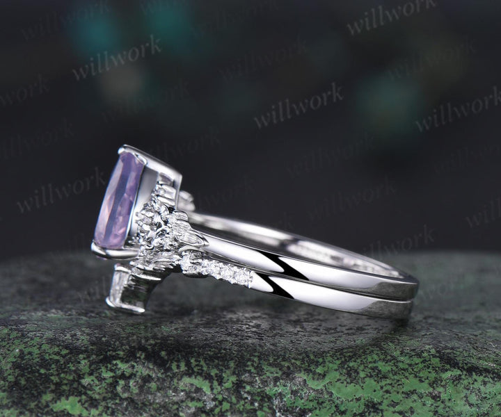 Pear shaped Lavender Amethyst leaf floral engagement ring set white gold nature inspired diamond ring vintage anniversary gift