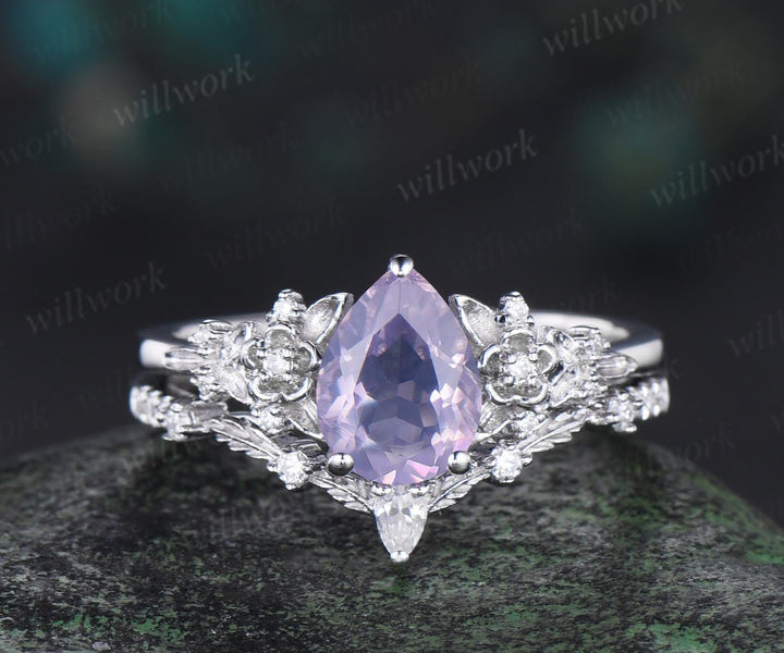 Pear shaped Lavender Amethyst leaf floral engagement ring set white gold nature inspired diamond ring vintage anniversary gift