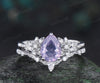 Pear shaped Lavender Amethyst leaf floral engagement ring set white gold nature inspired diamond ring vintage anniversary gift