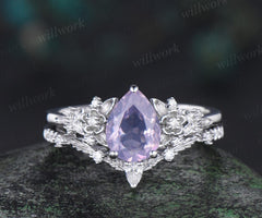 Pear shaped Lavender Amethyst leaf floral engagement ring set white gold nature inspired diamond ring vintage anniversary gift