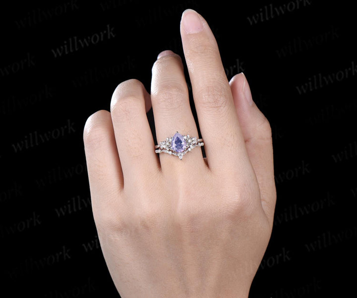 Pear shaped Lavender Amethyst leaf floral engagement ring set white gold nature inspired diamond ring vintage anniversary gift