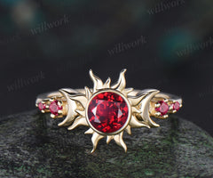 Vintage round cut red ruby sun engagement ring bezel halo solid 14k yellow gold five stone moon unique wedding bridal ring women