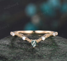 Vintage pear moss agate moissanite wedding band solid 14k yellow gold art deco leaf nature inspired stacking bridal anniversary ring women