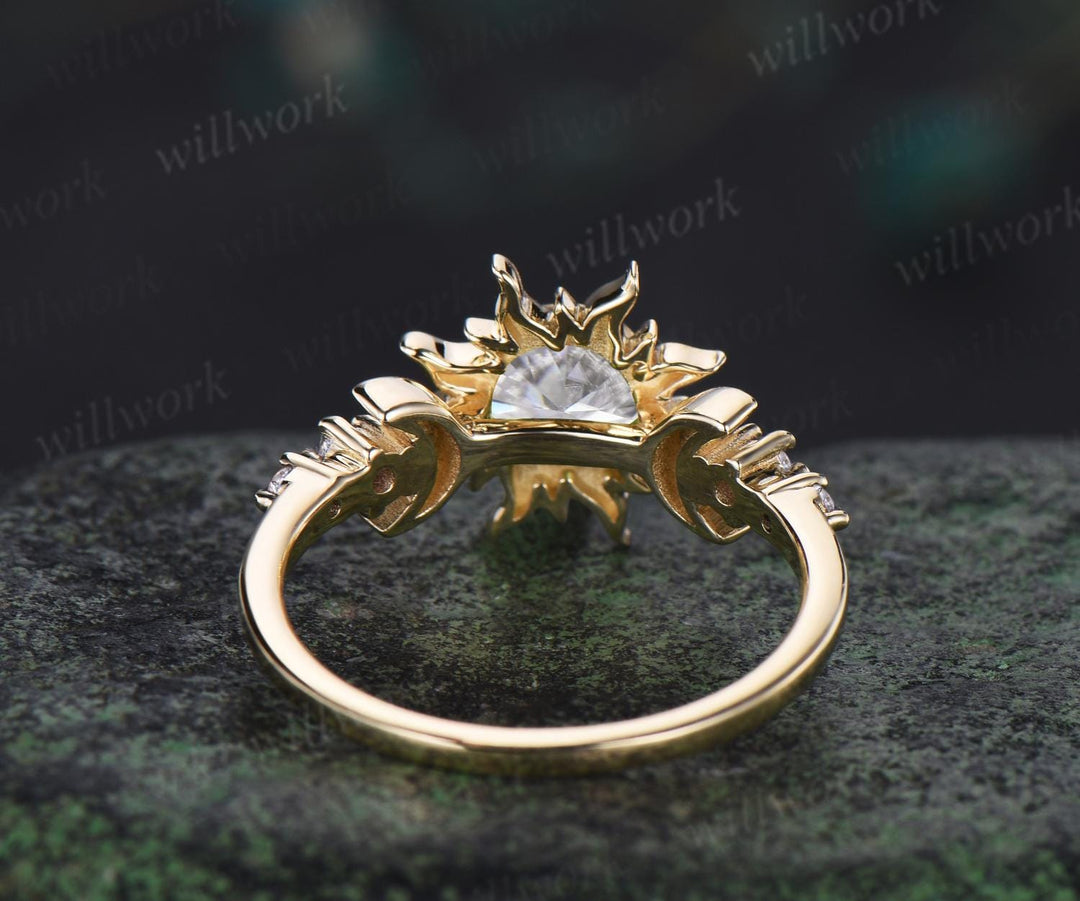 Round cut lab grown diamond engagement ring sun moon promise ring her unique bezel five stone wedding ring women