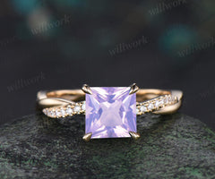 Princess cut Lavender Amethyst engagement ring 14k yellow gold 3/4 eternity twisted diamond ring vintage promise ring women jewelry