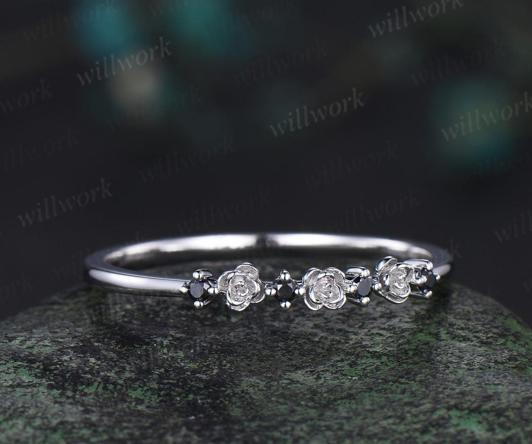 Dainty natural black diamond wedding band solid 14k white gold flower floral unique wedding ring band women anniversary gift